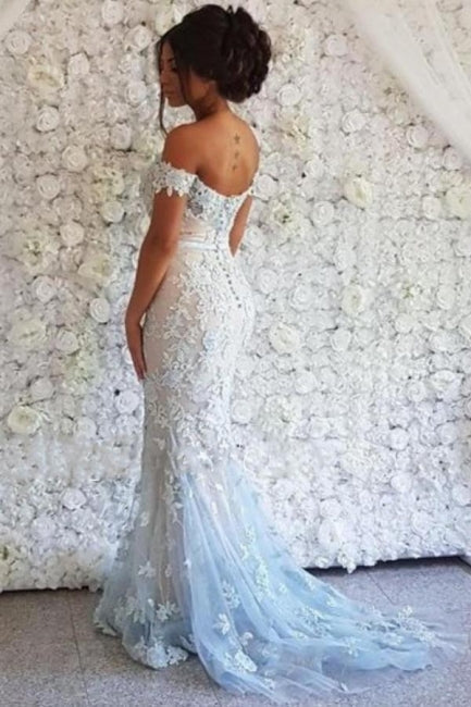 Vestidos de Baile Elegantes Compridos com Renda e Decote Ombro a Ombro em Estilo Sereia com Brilho