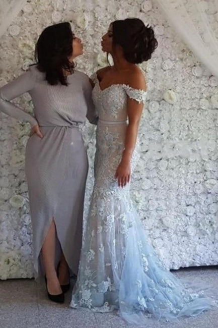 Vestidos de Baile Elegantes Compridos com Renda e Decote Ombro a Ombro em Estilo Sereia com Brilho