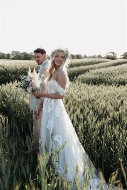 Robe de mariée élégante longue asymétrique en tulle avec dentelle florale