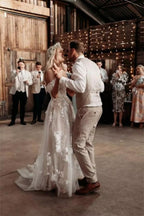 Robe de mariée élégante longue asymétrique en tulle avec dentelle florale