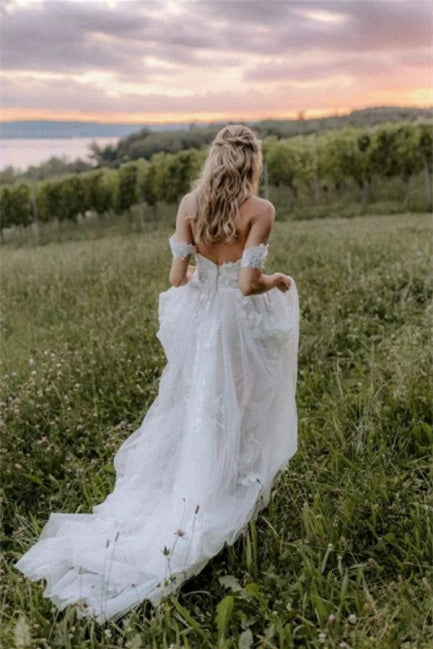 Robe de mariée élégante longue asymétrique en tulle avec dentelle florale