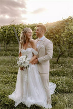 Robe de mariée élégante longue asymétrique en tulle avec dentelle florale
