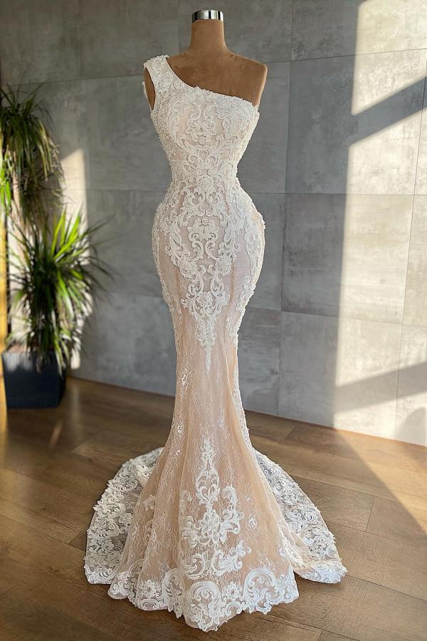 Elegante vestido de novia largo de sirena con apliques de encaje y un solo hombro