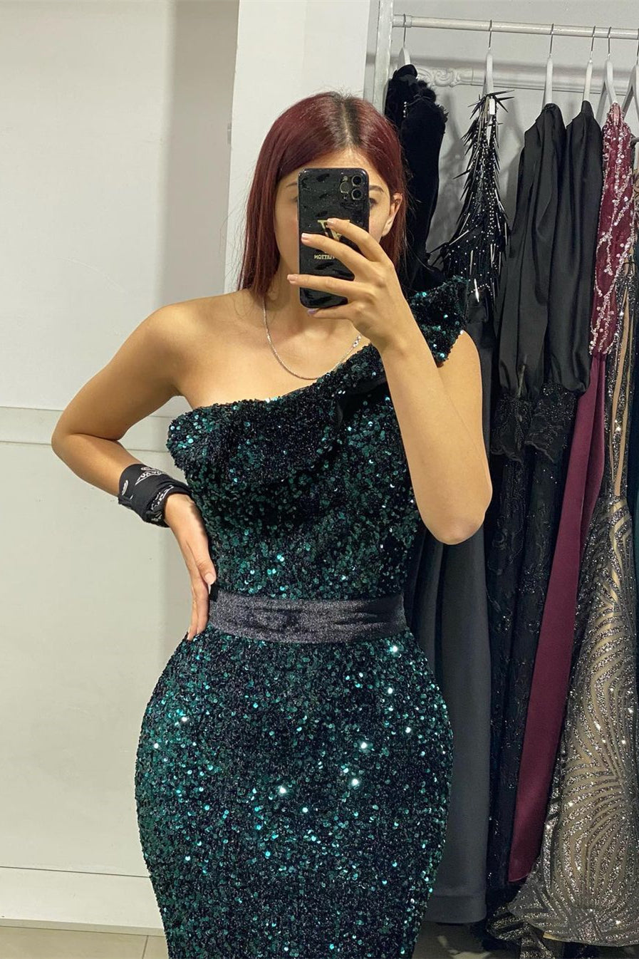 Vestido de Baile Elegante Comprido de Um Ombro Só Estilo Sereia com Bordados