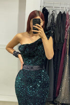 Vestido de Baile Elegante Comprido de Um Ombro Só Estilo Sereia com Bordados