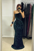 Vestido de Baile Elegante Comprido de Um Ombro Só Estilo Sereia com Bordados
