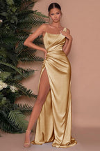 Elegantes langes One-Shoulder-Meerjungfrauen-Ballkleid aus Satin mit Schlitz