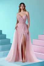 Elegante vestido de fiesta largo rosa de corte A sin tirantes, con encaje y purpurina, y abertura