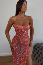 Vestidos de Baile Elegantes Longos Cor-de-Rosa Sexy, Sem Alças e Sem Mangas, Estilo Sereia, com Pedras Brilhantes