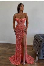 Vestidos de Baile Elegantes Longos Cor-de-Rosa Sexy, Sem Alças e Sem Mangas, Estilo Sereia, com Pedras Brilhantes