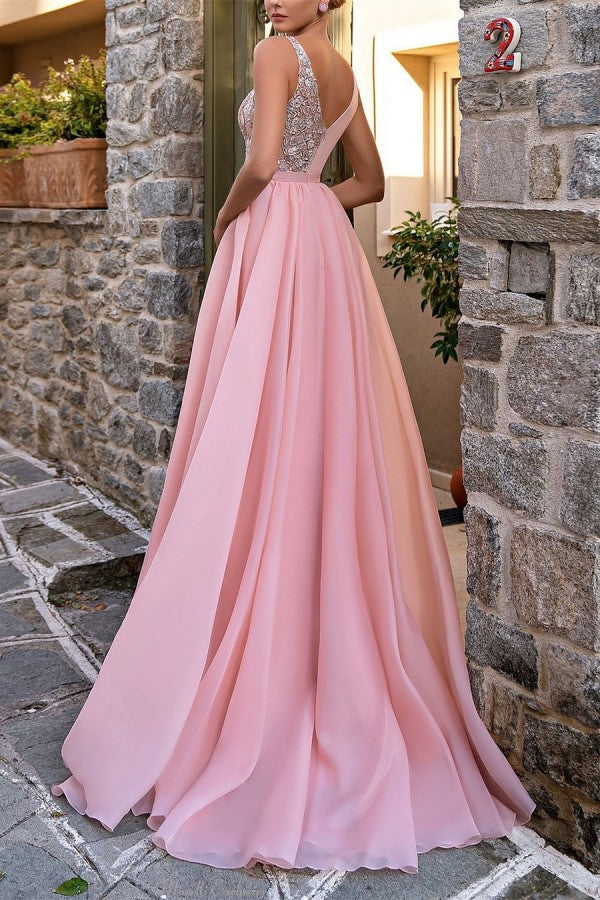 Vestidos de noite elegantes compridos cor-de-rosa com decote em V, corte em linha A, brilho e sem mangas, com racha