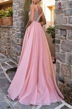 Vestidos de noite elegantes compridos cor-de-rosa com decote em V, corte em linha A, brilho e sem mangas, com racha