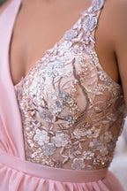 Vestidos de noite elegantes compridos cor-de-rosa com decote em V, corte em linha A, brilho e sem mangas, com racha