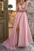 Vestidos de noite elegantes compridos cor-de-rosa com decote em V, corte em linha A, brilho e sem mangas, com racha