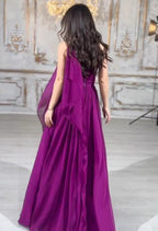 Elegante abito lungo viola a linea ad A senza spalline con allacciatura per ballo di fine anno