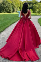 Vestido de Noiva Elegante Longo Vermelho em Linha A, Sem Mangas, em Cetim com Renda