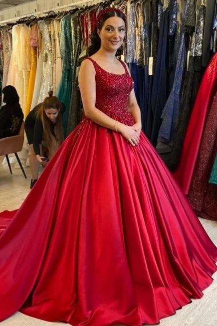 Vestido de Noiva Elegante Longo Vermelho em Linha A, Sem Mangas, em Cetim com Renda