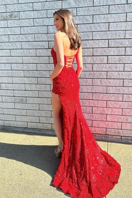 Elegantes vestidos de noche largos rojos de un solo hombro con encaje brillante y abertura