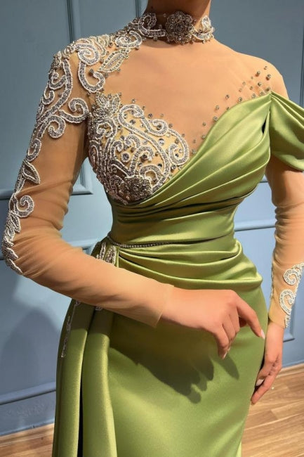 Vestidos de Noite Elegantes Compridos de Sálvia com Gola Alta e Cauda de Sereia com Mangas Compridas