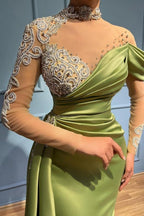 Vestidos de Noite Elegantes Compridos de Sálvia com Gola Alta e Cauda de Sereia com Mangas Compridas