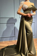 Vestidos de Noite Elegantes Compridos de Sálvia com Gola Alta e Cauda de Sereia com Mangas Compridas