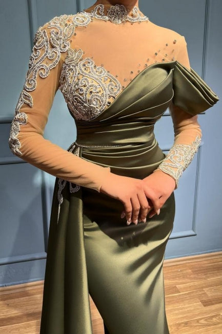 Vestidos de Noite Elegantes Compridos de Sálvia com Gola Alta e Cauda de Sereia com Mangas Compridas
