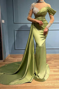 Vestidos de Noite Elegantes Compridos de Sálvia com Gola Alta e Cauda de Sereia com Mangas Compridas