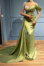 Vestidos de Noite Elegantes Compridos de Sálvia com Gola Alta e Cauda de Sereia com Mangas Compridas