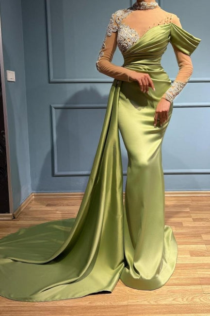 Vestidos de Noite Elegantes Compridos de Sálvia com Gola Alta e Cauda de Sereia com Mangas Compridas