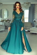 Robe de bal longue élégante à manches longues, en dentelle, coupe trapèze, col en V, avec fente