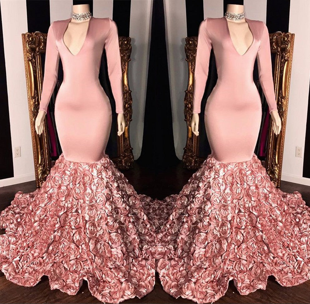 Vestidos de noite elegantes com mangas compridas, rosa, cauda de sereia e flores na parte inferior