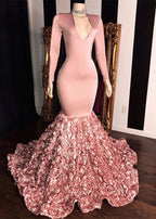 Vestidos de noite elegantes com mangas compridas, rosa, cauda de sereia e flores na parte inferior