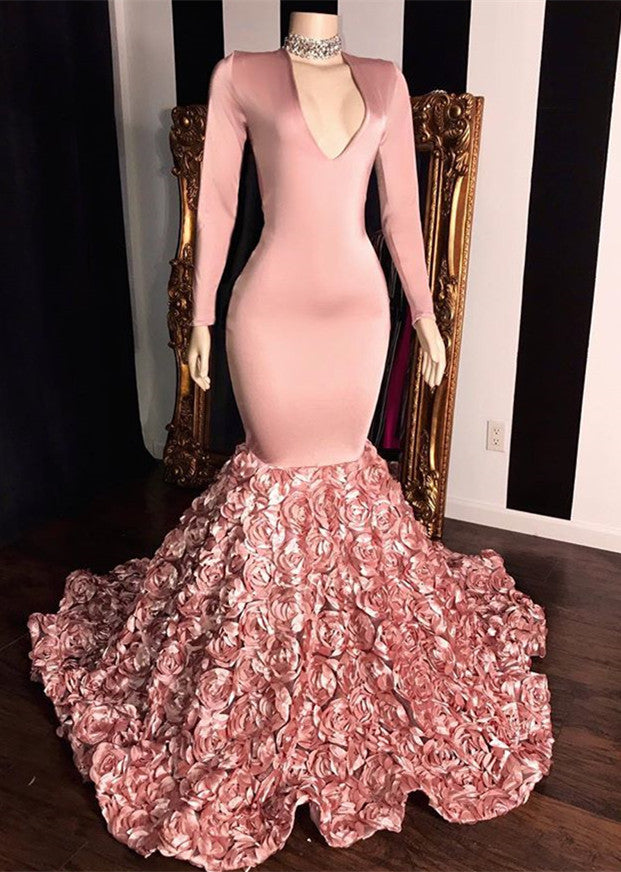 Vestidos de noite elegantes com mangas compridas, rosa, cauda de sereia e flores na parte inferior