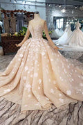 Vestido de Noiva Elegante com Mangas Compridas, Bordado com Contas e Flores