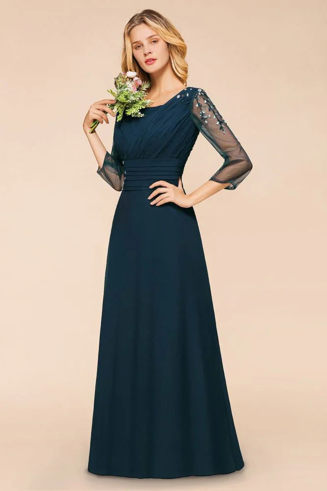 Elegant Long Sleeves Crystal A-line Bridesmaid Dress Maxi Formal Dress
