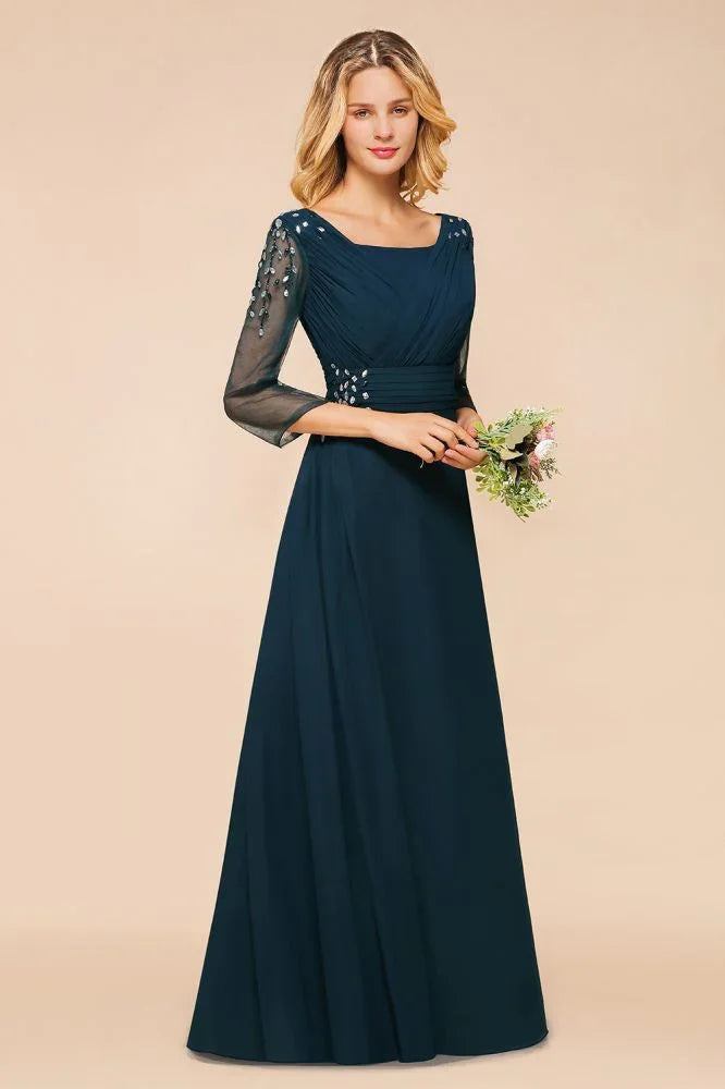 Elegant Long Sleeves Crystal A-line Bridesmaid Dress Maxi Formal Dress