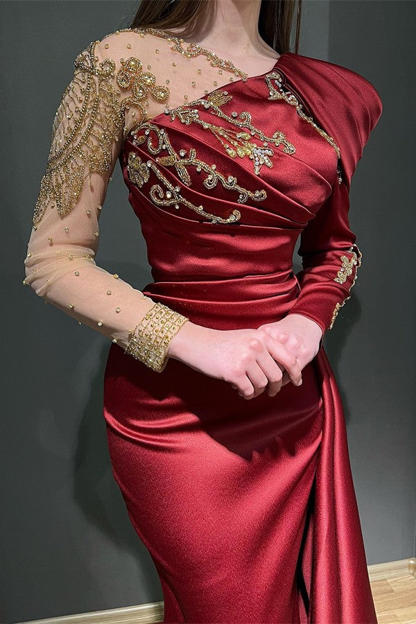 Abito da cerimonia elegante in satin e tulle con maniche lunghe, scollo a sirena, volant asimmetrici