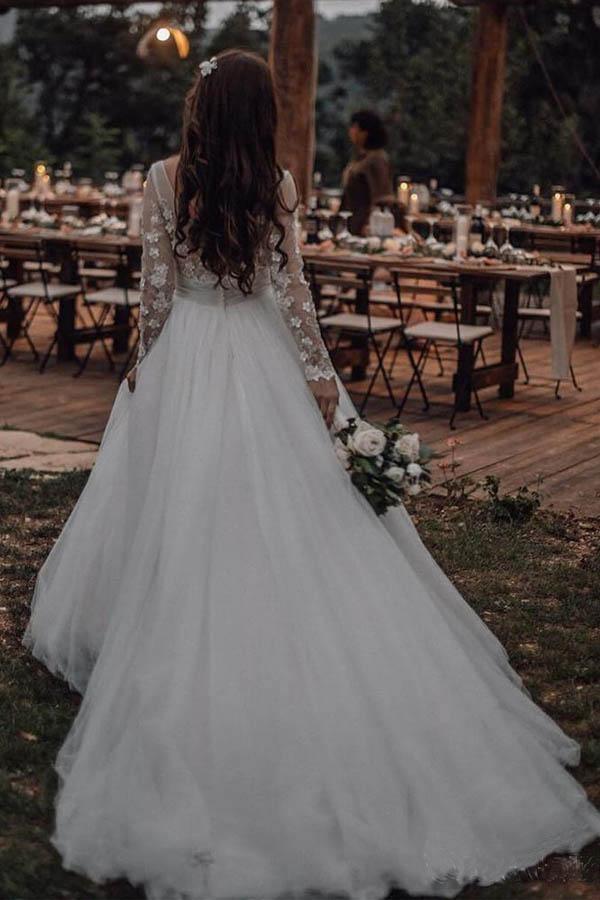 Vestidos de Noiva Elegantes de Manga Comprida em Tule com Aplicações de Renda