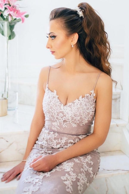 Vestidos Elegantes de Baile com Alças Finas Longas, Renda e Corte Sereia