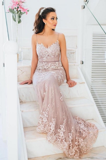 Vestidos Elegantes de Baile com Alças Finas Longas, Renda e Corte Sereia
