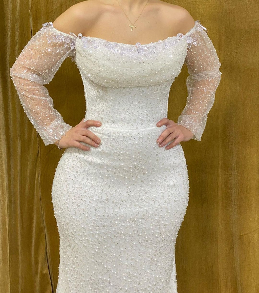 Elegant Long Strapless Beading Mermaid Prom Dress With Long Sleeves