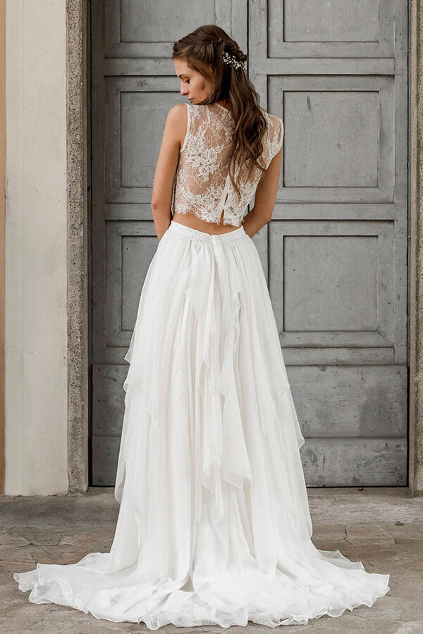 Elegante abito da sposa lungo a due pezzi in pizzo e chiffon a linea ad A