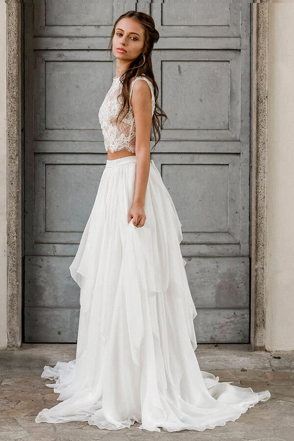 Elegante abito da sposa lungo a due pezzi in pizzo e chiffon a linea ad A