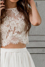 Elegante abito da sposa lungo a due pezzi in pizzo e chiffon a linea ad A