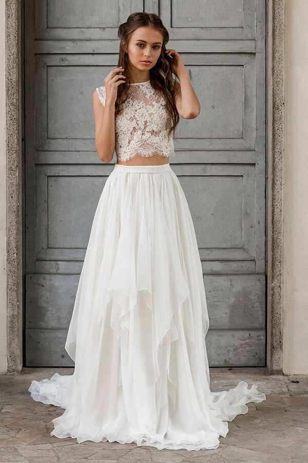 Elegante abito da sposa lungo a due pezzi in pizzo e chiffon a linea ad A