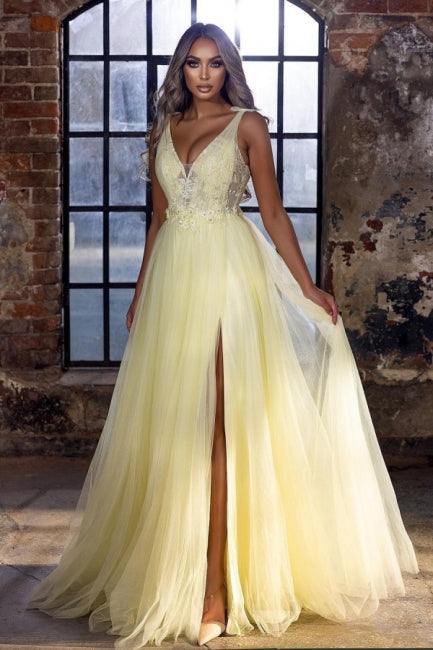 Elegante abito lungo giallo a linea ad A senza maniche con scollo a V per ballo di fine anno