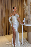 Elegant Long White Mermaid Glitter Sleeveless Prom Dresses With Slit