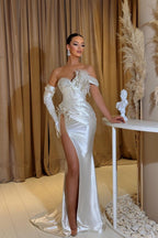 Elegant Long White Mermaid Glitter Sleeveless Prom Dresses With Slit