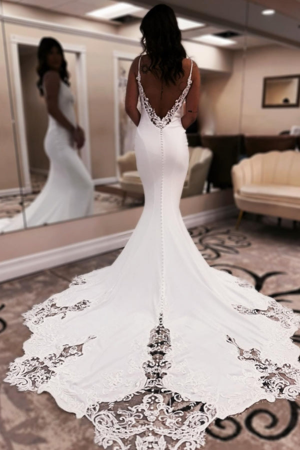 Robe de mariée longue blanche élégante sirène à col en V, bretelles fines, dos nu avec dentelle