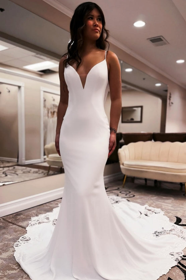 Robe de mariée longue blanche élégante sirène à col en V, bretelles fines, dos nu avec dentelle